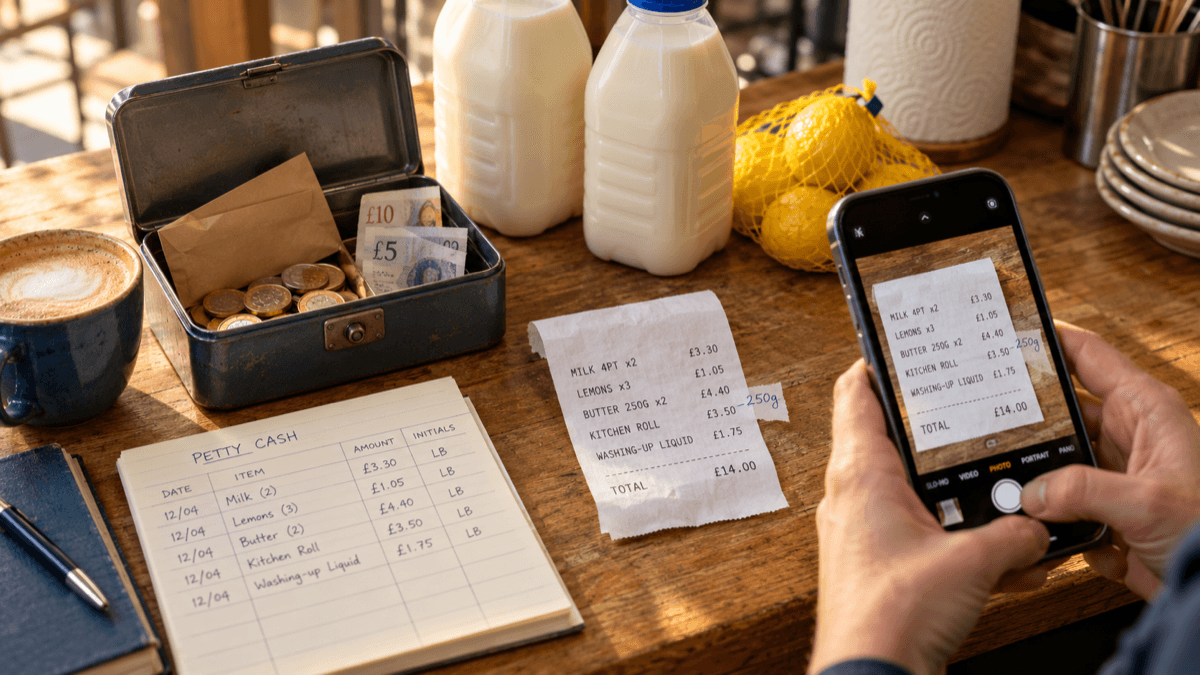 A café back counter with an open petty cash tin holding a few notes and coins, a curled supermarket till receipt listing milk, lemons, butter and kitchen roll, a phone photographing the receipt, a handwritten petty cash log and two pints of milk with a bag of lemons in warm morning light