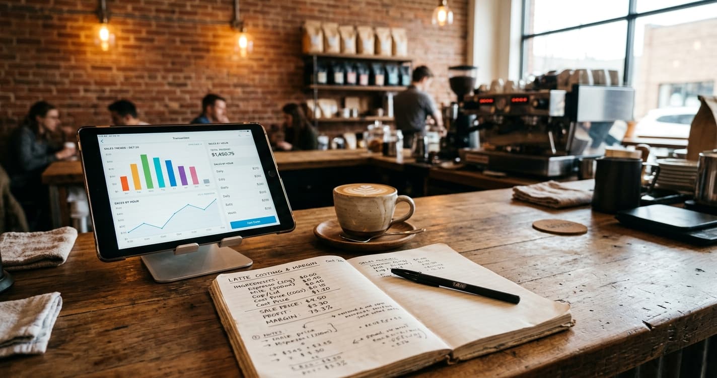 A tablet displaying sales charts next to an open recipe costing notebook and a cup of coffee on a wooden café counter