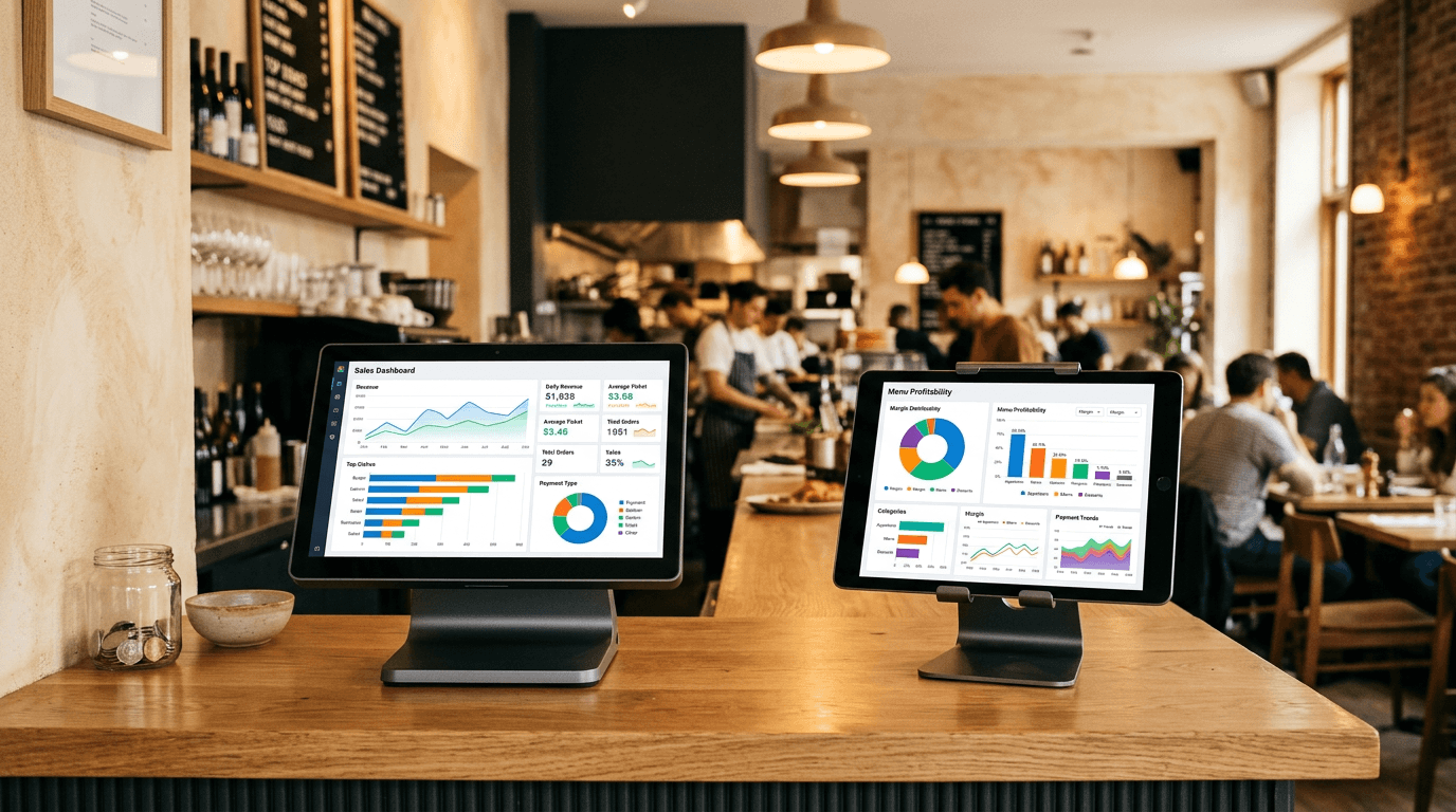 A restaurant counter with a POS terminal showing a sales dashboard next to a tablet displaying menu profitability data
