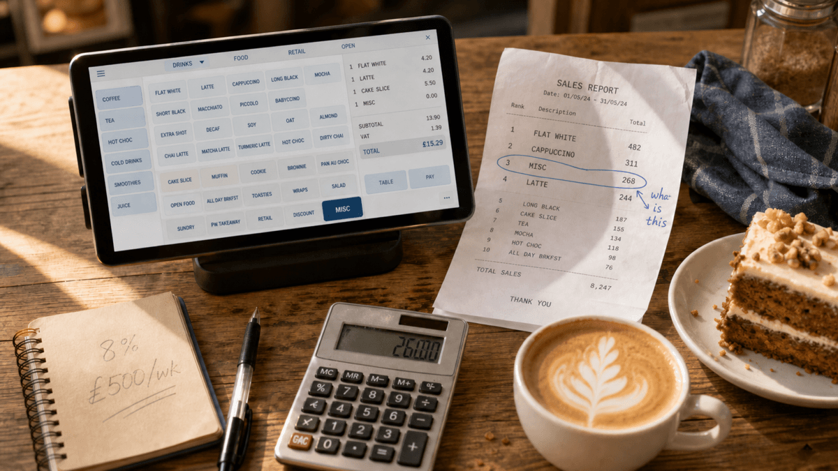An overhead flat-lay of a café till screen showing a cluttered grid of buttons, a printed sales report marked up in pen, a calculator and a flat white on a wooden counter