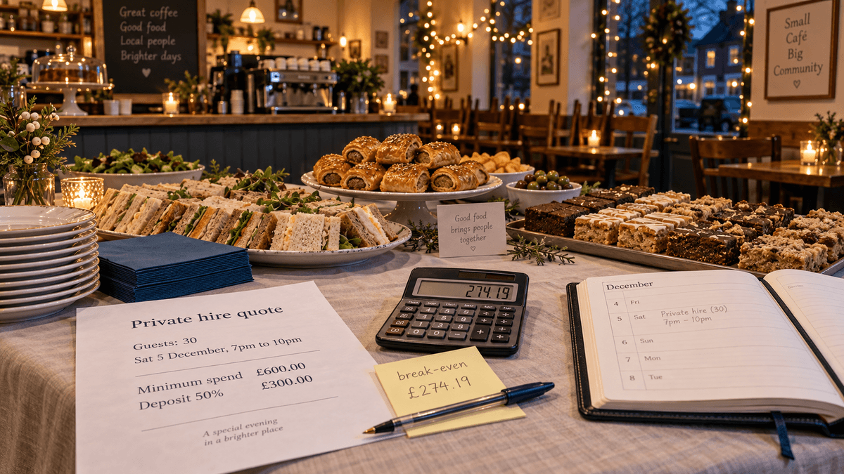 A café table after closing laid with a buffet for thirty, a printed private hire quote showing a £600 minimum spend, a booking diary open at December and a calculator under warm string lights