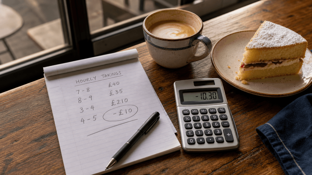 Café counter at closing time with a handwritten hourly takings sheet, a calculator showing a small figure, a flat white and a slice of cake in warm evening light