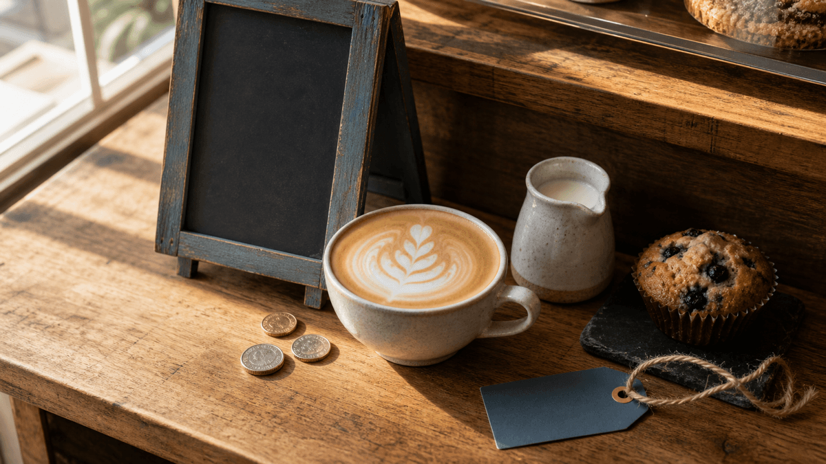 Overhead café counter scene with a chalkboard A-frame, flat white, milk jug, blueberry muffin and a small price tag