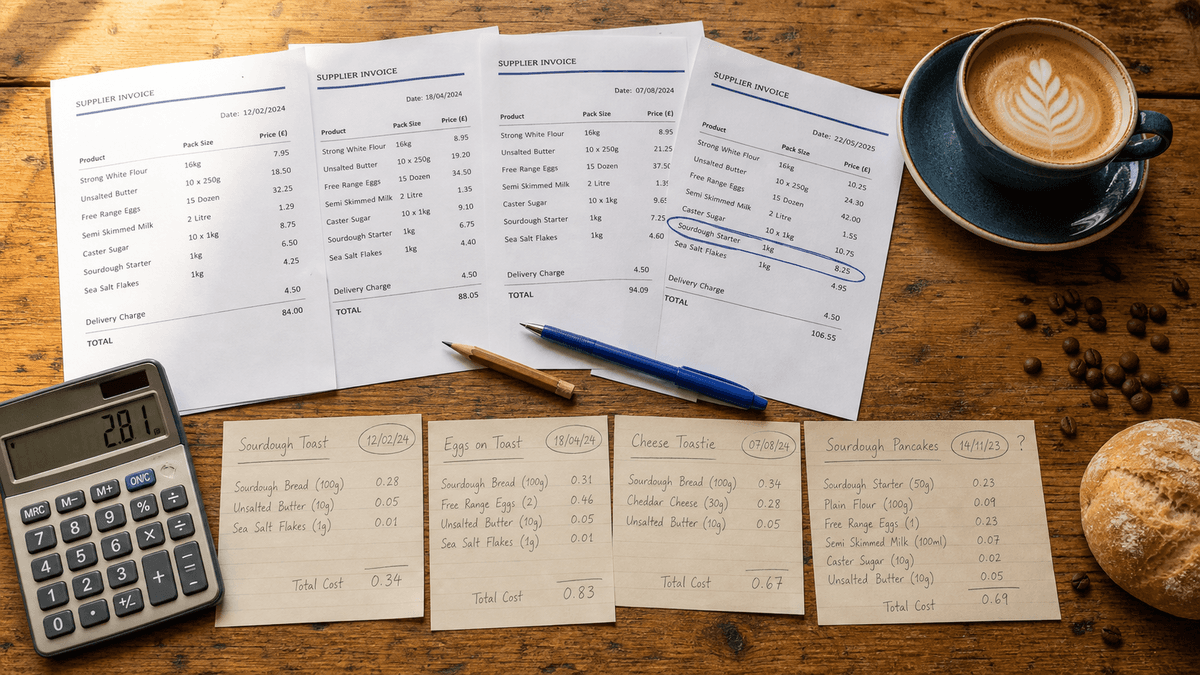Overhead flat-lay of a café counter with a stack of dated supplier invoices, handwritten recipe cards marked with dates, a calculator and a flat white in warm golden light