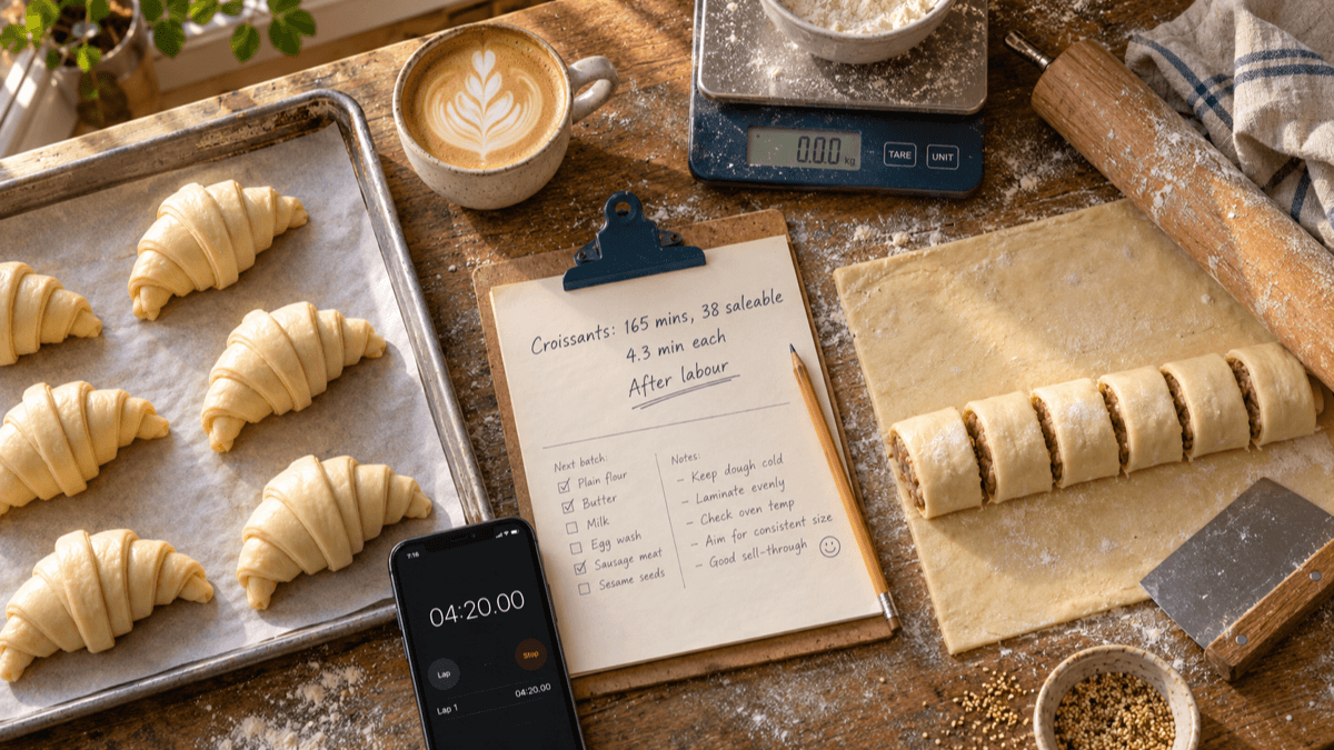 A bakery bench at dawn with a tray of freshly shaped unbaked croissants beside a phone stopwatch, a flat white in a cup, and a handwritten costing card listing prep minutes next to each item, in warm golden light