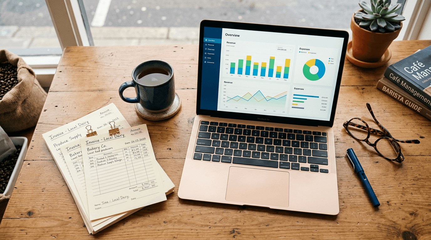 A desk with three laptop screens showing Xero, Sage, and QuickBooks dashboards alongside stacked restaurant supplier invoices