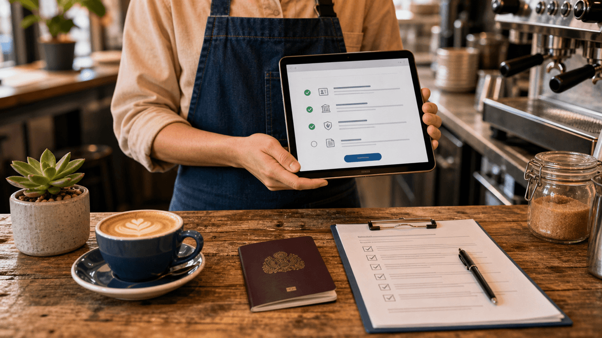 A café manager checking a new hire document on a tablet behind the counter