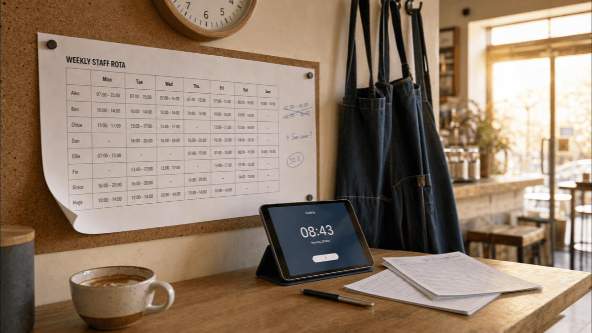 A printed weekly staff rota pinned to a café back-of-house board with handwritten pen amendments in the margin, a clock-in tablet on the counter beside it and a wall clock above, warm morning light through the shopfront