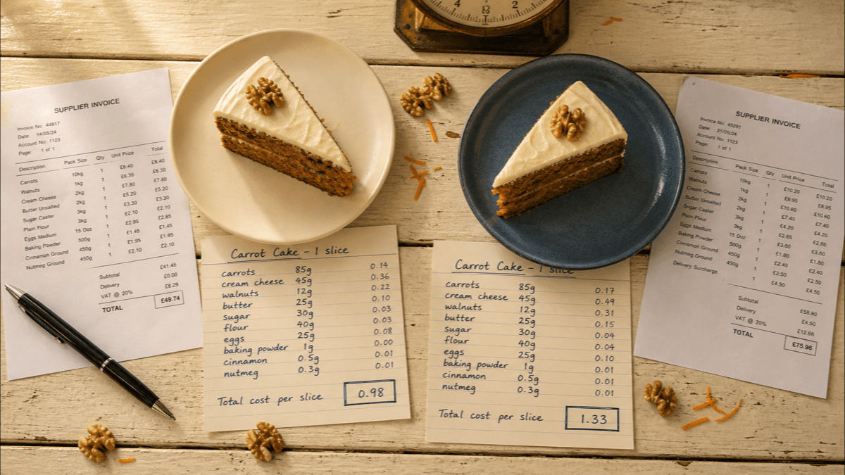 Two identical slices of carrot cake on different plates, side by side on a café bench with two handwritten cost cards showing different figures and two supplier invoices