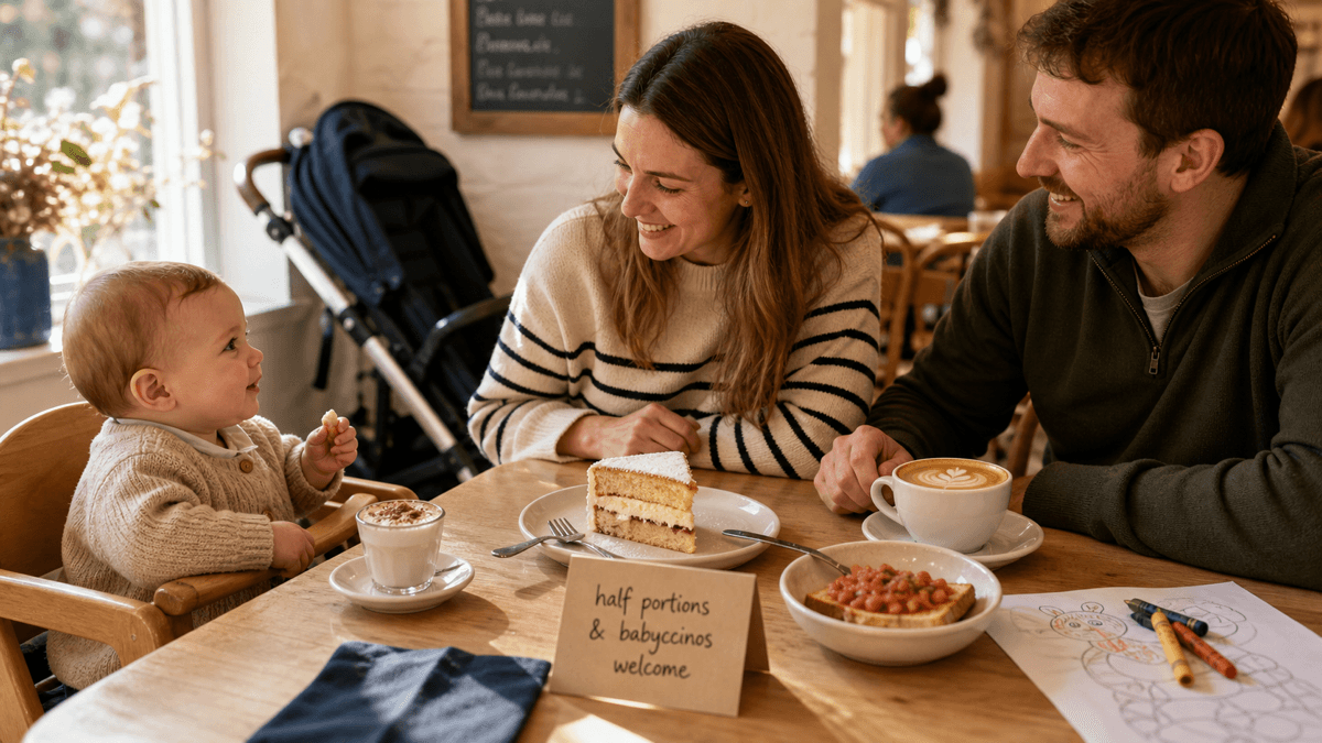 A relaxed café scene during the school holidays with a high chair pulled up to a family table, a babyccino, a shared cake plate and a folded buggy parked by the wall