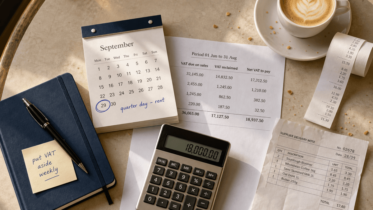 Overhead flat-lay of a café table with a September wall calendar showing the 29th circled, a printed VAT return, a calculator, a till roll and a coffee cup