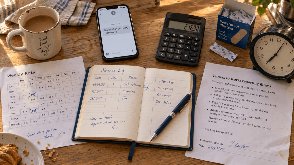 A café back-of-house board with a handwritten absence log and a staff reporting rule pinned beside a wall clock and a mug of tea in warm morning light