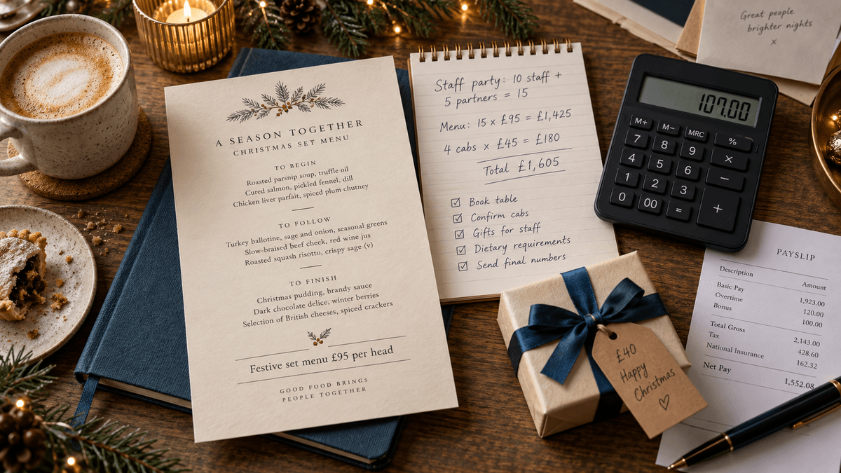 Overhead flat-lay of a café office desk with a printed restaurant Christmas set menu at £95 a head, a handwritten guest list with taxi costs, a calculator showing 107.00, a small wrapped gift with a £40 tag and a payslip, in warm lamp light