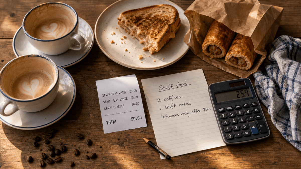 Overhead flat-lay of a café staff table with two flat whites, a toastie on a plate, a till receipt showing zero-priced staff items and a handwritten staff food policy note in warm golden light