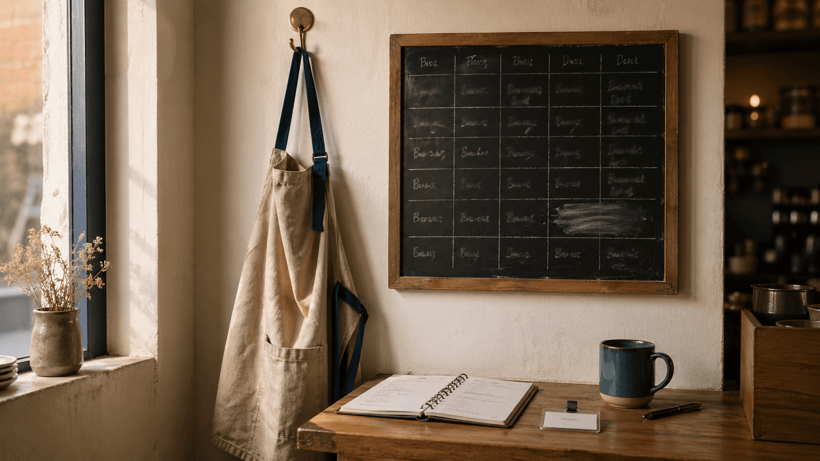 An empty café apron hanging on a hook beside a chalkboard schedule, with a half-finished training manual on the counter