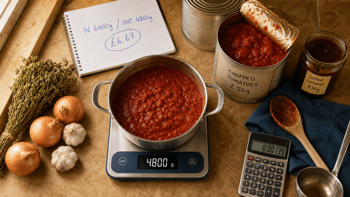 Overhead flat-lay of a café kitchen bench with a heavy pan of reduced tomato sauce on digital scales, a jar of salted caramel, a handwritten batch yield note, tinned tomatoes and a calculator in warm golden light