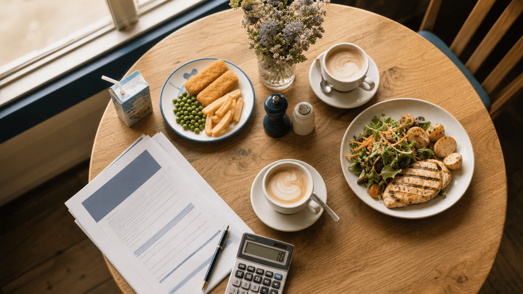 A café table with a children's meal of fish fingers and peas next to an adult lunch and two coffees, with an HMRC VAT brief and a calculator showing a small saving