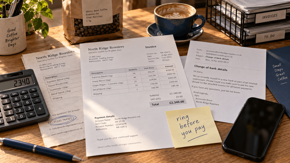 A café back office desk with a printed coffee roaster invoice for £2,340, a handwritten note reading ring before you pay, a phone beside it and an older invoice with the supplier's number circled in pen, in warm morning light