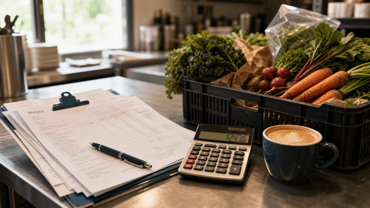 A stack of supplier delivery invoices and a calculator on a café counter beside crates of fresh produce and a coffee, with carriage and minimum-order charges visible on the paperwork, warm daylight
