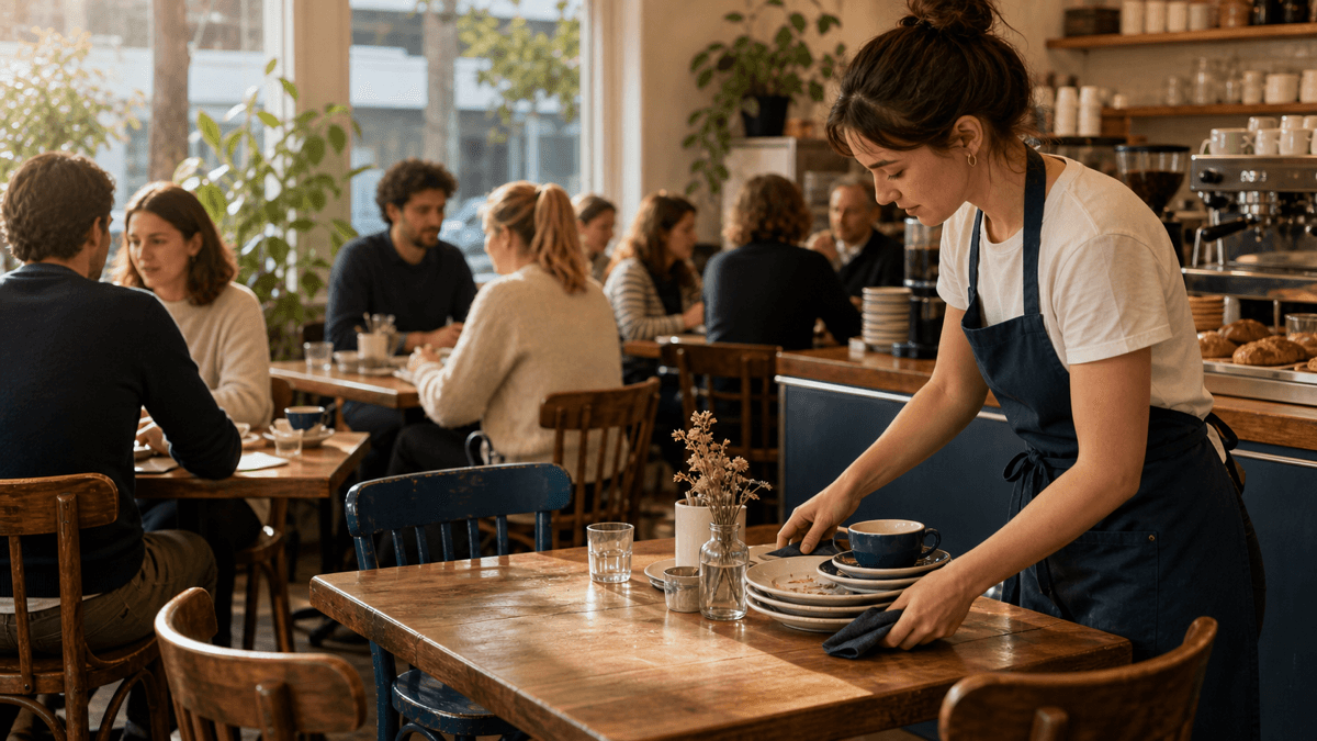 A busy café interior with customers at tables and staff clearing for the next sitting
