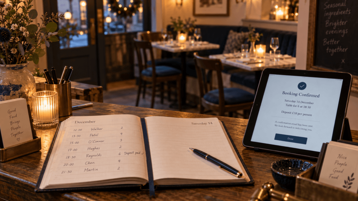A café host stand with a booking diary open at a December Saturday, a tablet showing a booking confirmation screen and two set but empty tables softly out of focus behind in warm evening light