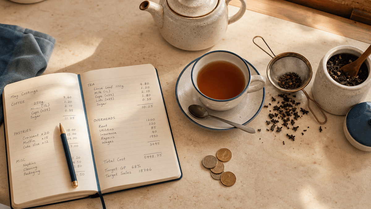 A pot of loose-leaf tea with a cup and saucer on a warm café counter, beside a tea caddy, a strainer and a notebook of handwritten costings, soft golden morning light