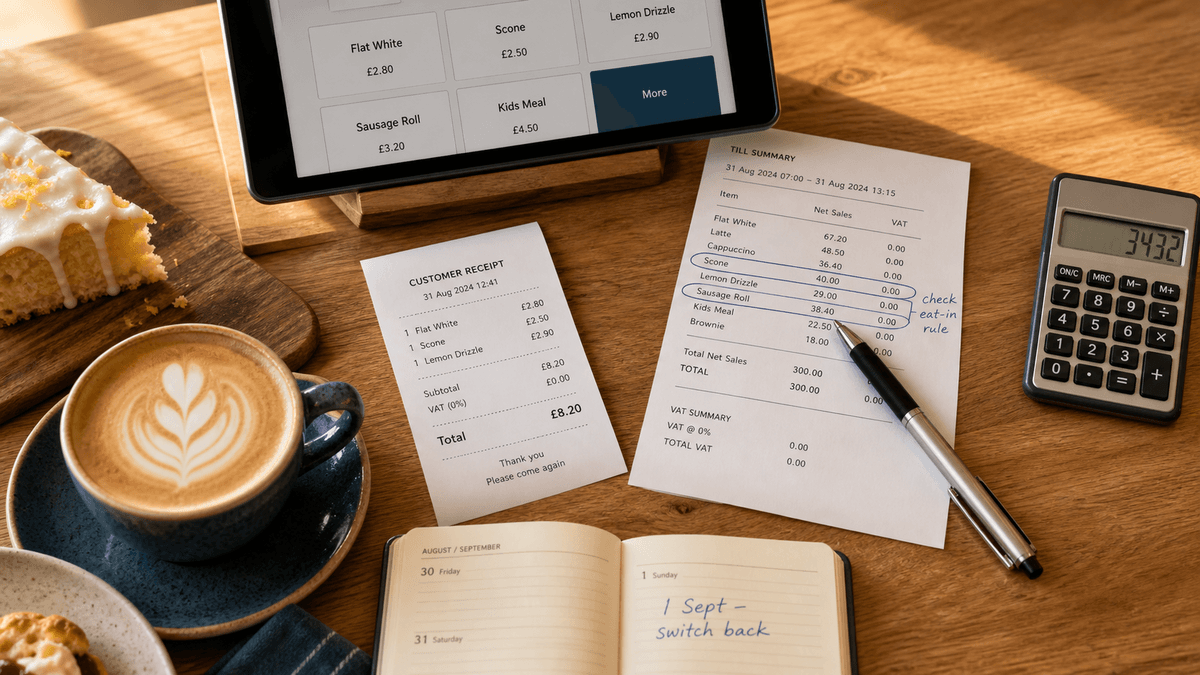 Overhead flat-lay of a café counter with a till screen showing a menu grid, a printed VAT summary report, a printed customer receipt, a calculator and a flat white