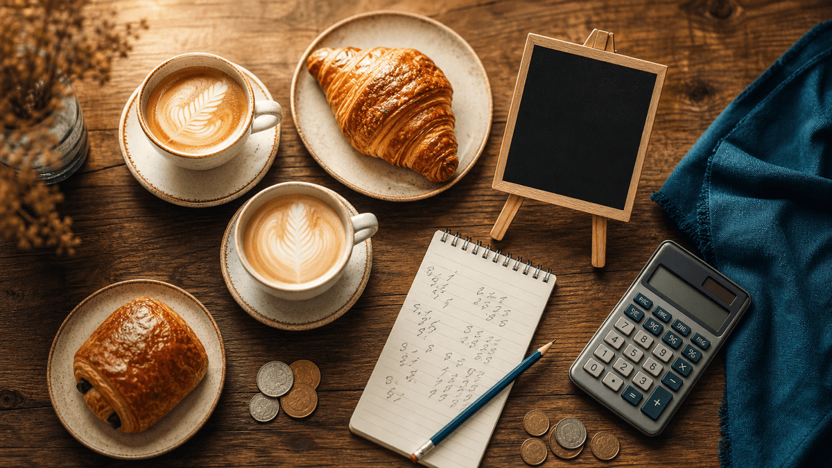 A café chalkboard reading 20% off this week next to a flat white, a calculator and a notepad of margin sums on the counter