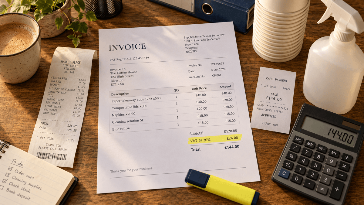Overhead flat-lay of a printed supplier invoice for takeaway cups, lids, napkins and cleaning supplies with its VAT at 20% line highlighted in yellow, beside a supermarket till receipt, a card payment slip, a highlighter, a stack of takeaway cups, a cleaning spray bottle and a calculator on a warm wooden desk