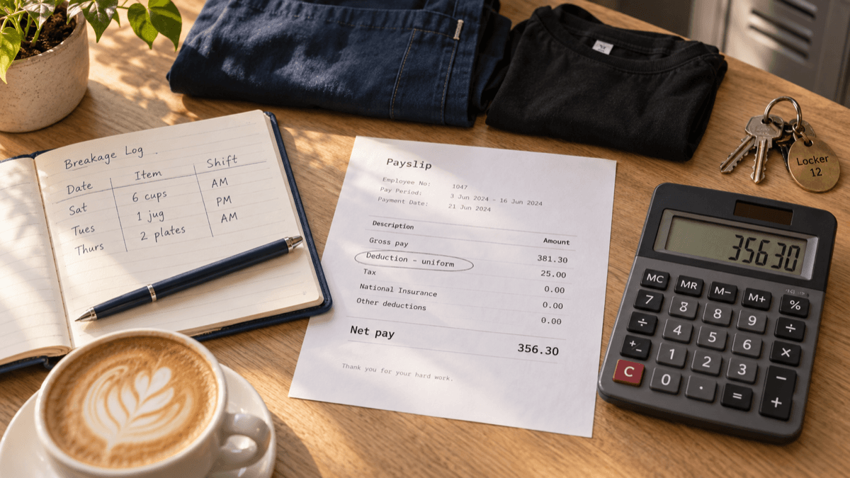 A café back office desk with a printed payslip, a handwritten breakage log, a folded branded apron and a calculator showing an hourly rate