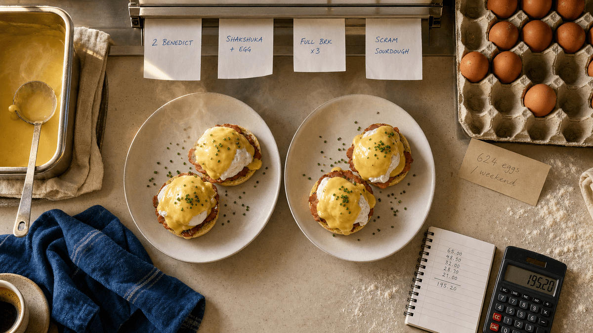 Overhead brunch service flat-lay with two plates of eggs Benedict, a rail of handwritten order tickets, a box of eggs and a flour-dusted counter in warm Saturday morning light