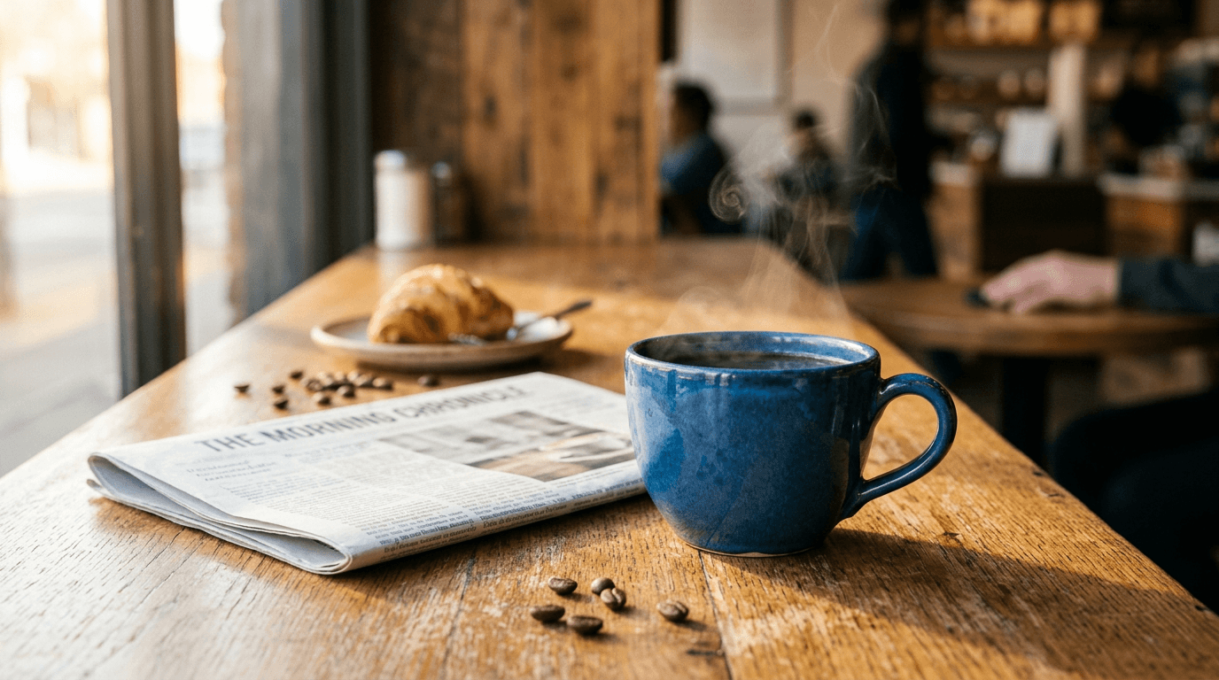 A blue coffee cup next to a folded newspaper on a café counter - The Weekly Grind series image