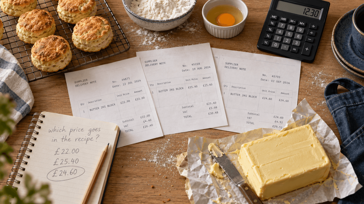Overhead flat-lay of three dated supplier invoices fanned out beside a block of butter, a tray of scones, a calculator and a handwritten price note in warm golden light