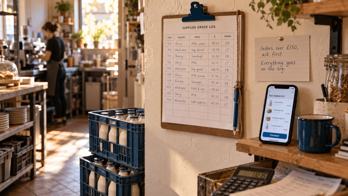 A café back-room wall with a clipboard order log of dates, supplier names and initials, a handwritten card reading orders over £150, ask first, a phone showing a supplier ordering app and two crates of milk bottles stacked below, in warm morning light
