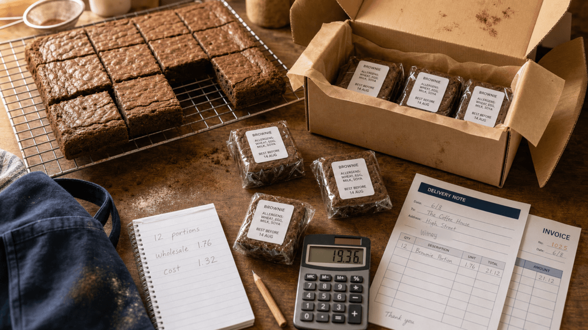 Trays of brownies cooling on a bakery rack with portions wrapped and labelled for a wholesale delivery, a delivery docket and invoice pad on the bench beside them