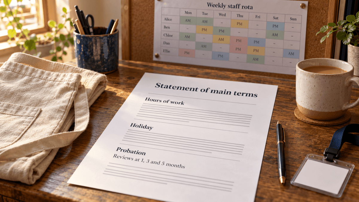 A small café back-office desk with a printed document headed Statement of main terms, showing the section headings Hours of work, Holiday and Probation and a line reading Reviews at 1, 3 and 5 months, beside a pen, a folded apron, a blue lanyard name badge and a mug of tea, with a weekly rota pinned to a corkboard behind in warm morning light